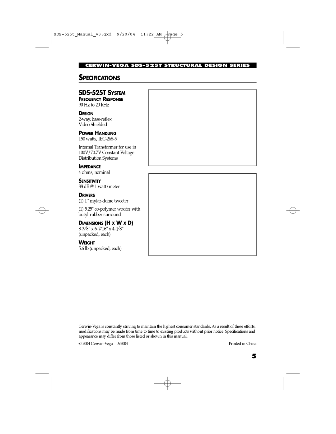 Cerwin-Vega manual SDS-525T System, Specifications 