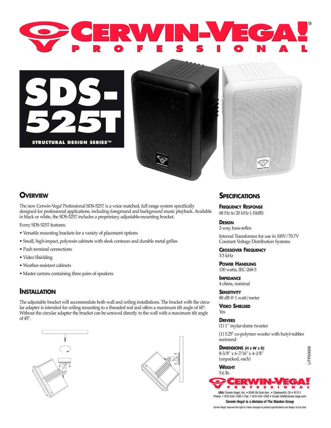 Cerwin-Vega SDS-525T specifications Sds, Overview, Specifications, Installation 