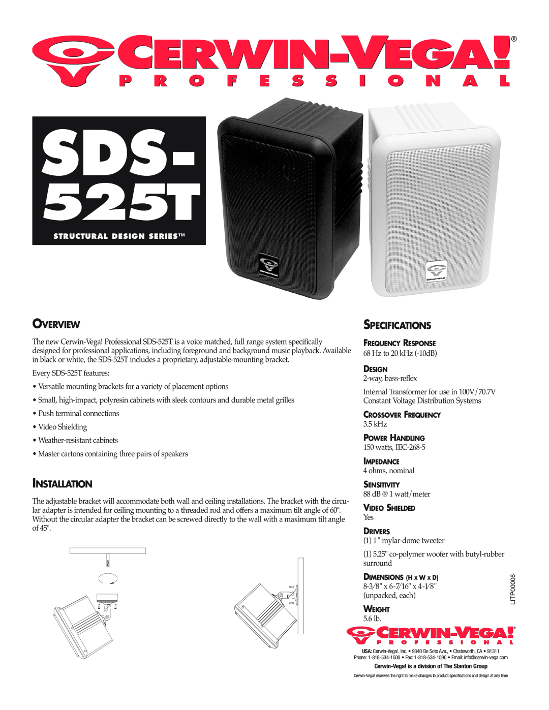 Cerwin-Vega SDS-525T specifications Overview, Specifications, Installation 