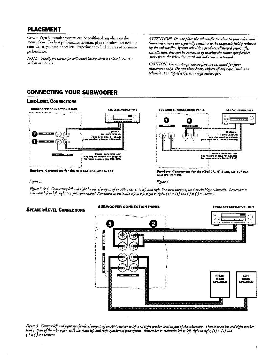 Cerwin-Vega SM-LW12 warranty Placement, Connecting Your Subwoofer, LINE-LEVEL Connections 