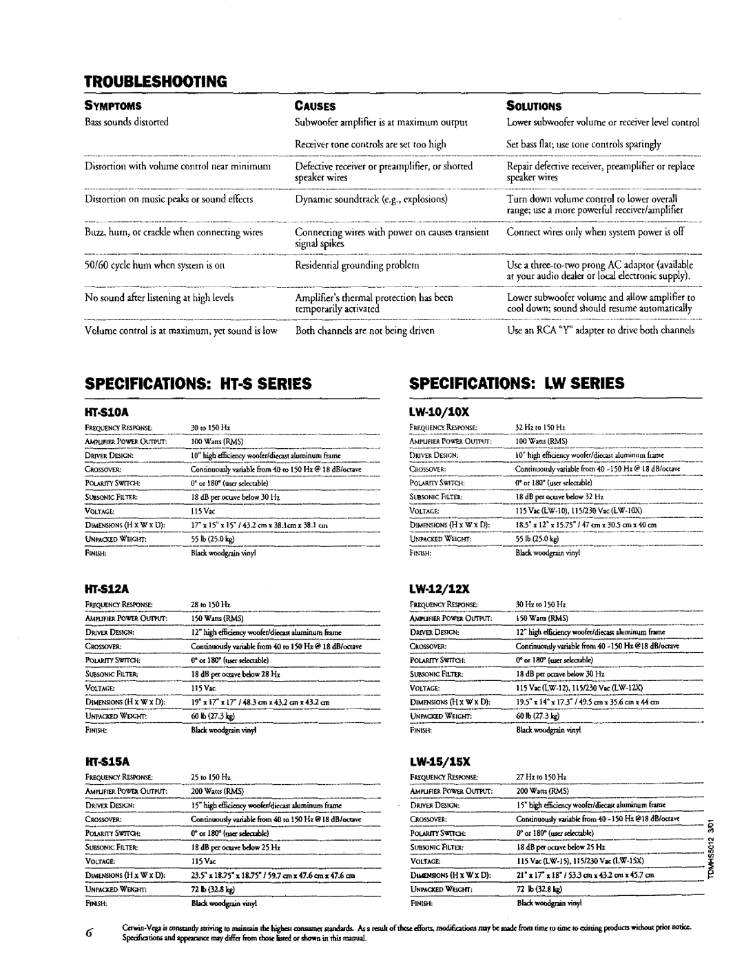 Cerwin-Vega SM-LW12 warranty Troubleshooting, Specifications HT-S Series LW Series, HT-S10A, HT-S12A, HT-S15A 