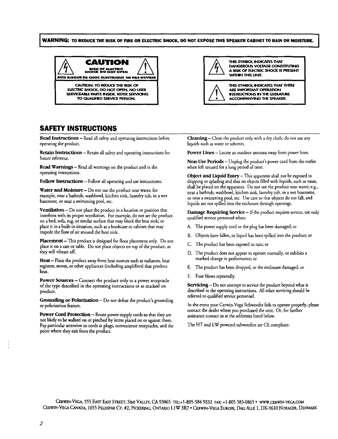 Cerwin-Vega SM-LW12 warranty Safety Instructions 