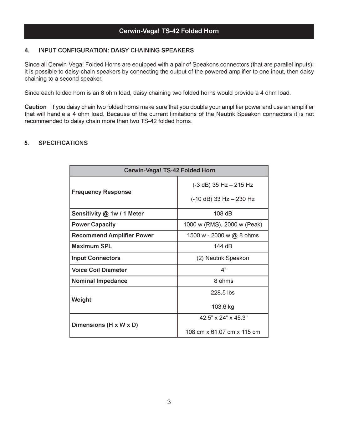 Cerwin-Vega TS-42 manual Input Configuration Daisy Chaining Speakers, Specifications 