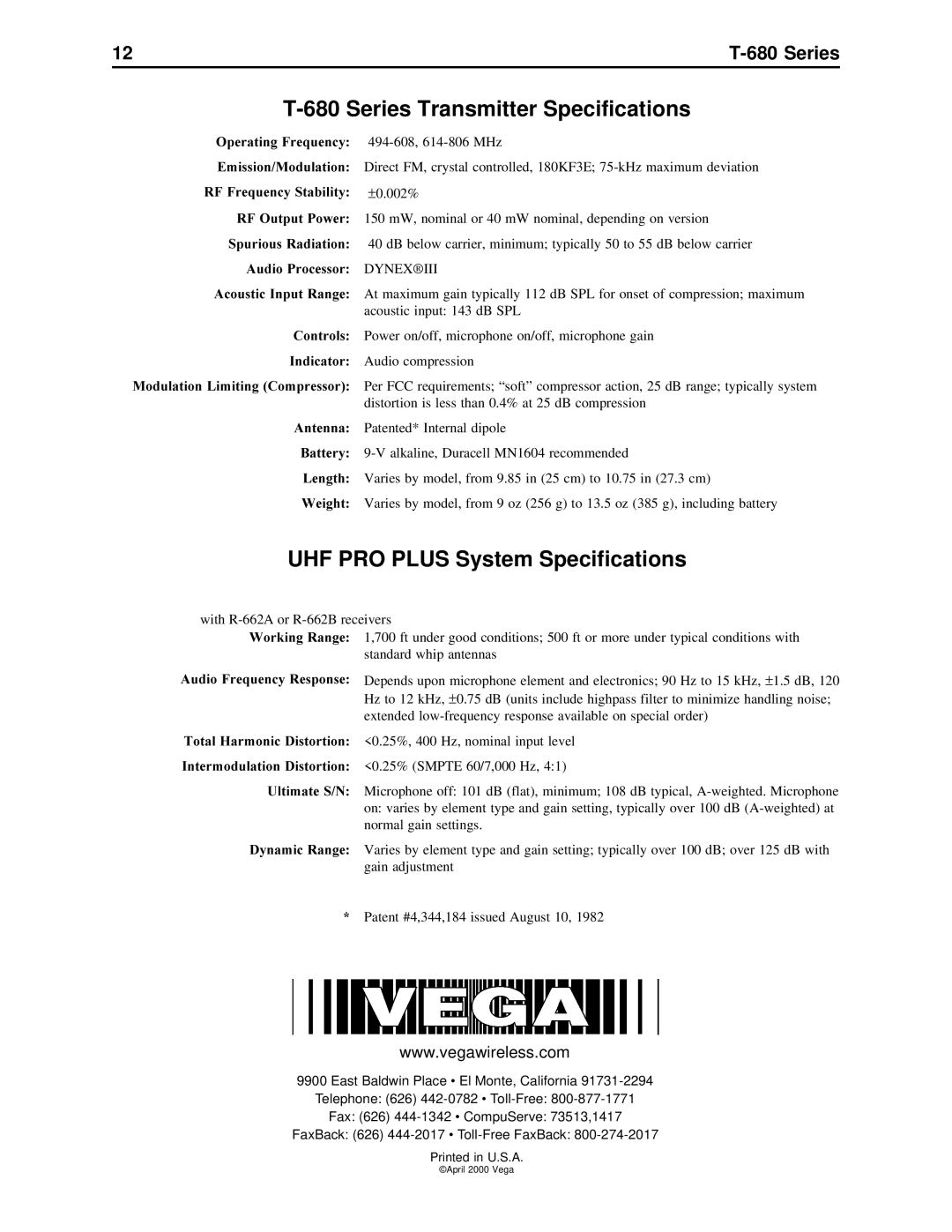 Cerwin-Vega UHF pro-plus wireless microphone owner manual UHF PRO Plus System Specifications, 12T-680 Series 