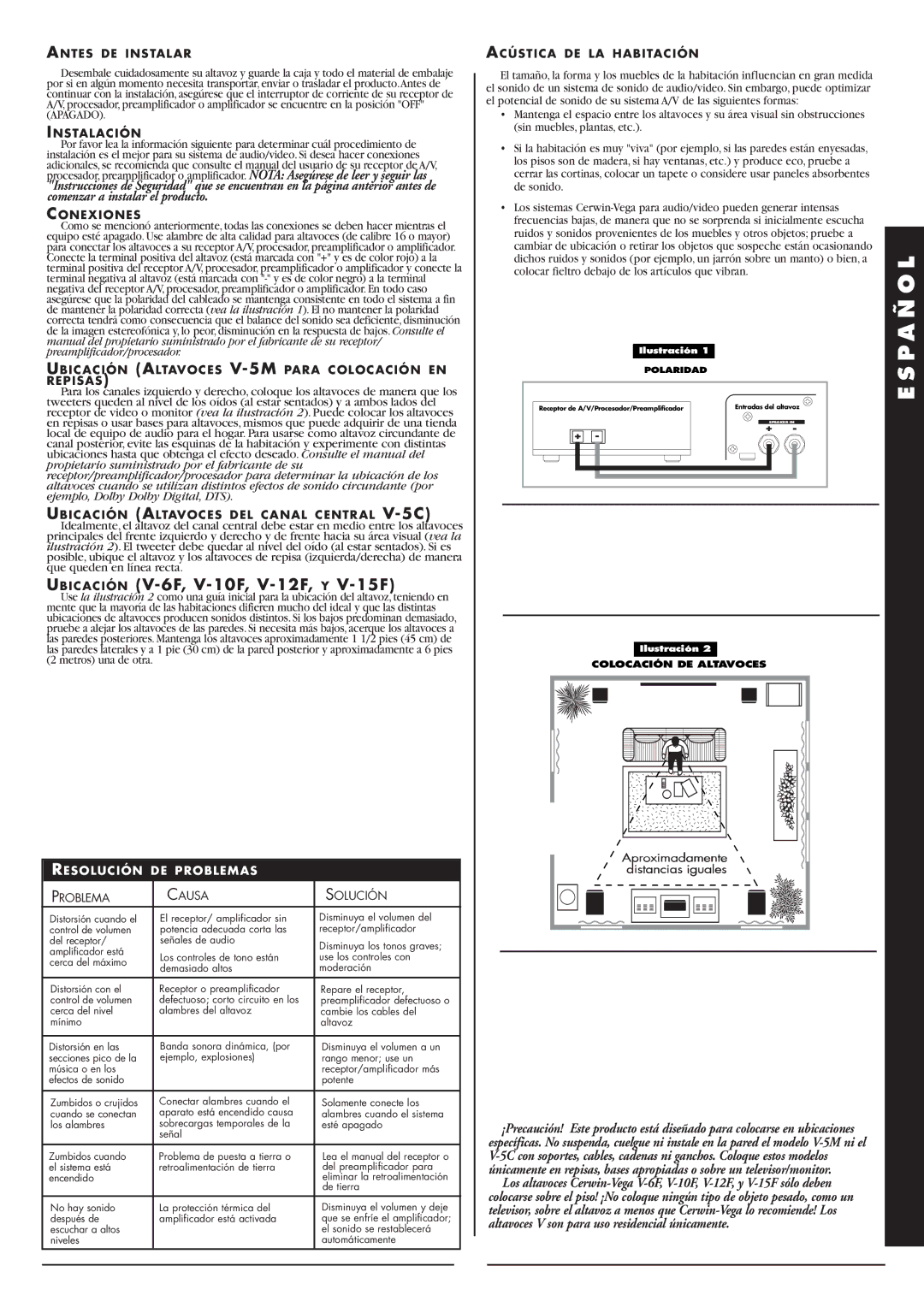 Cerwin-Vega V - 1 0 F, V - 6 F, V - 1 2 F, V - 5 M, V - 1 5 F, V - 5 C manual P a Ñ O L, Resolución DE Problemas 