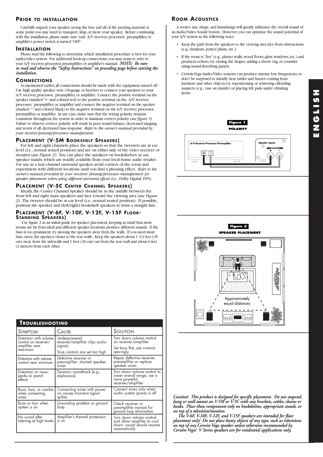 Cerwin-Vega V - 1 5 F, V - 6 F, V - 1 2 F, V - 5 M, V - 5 C, V - 1 0 F manual G L I S H, Troubleshooting 