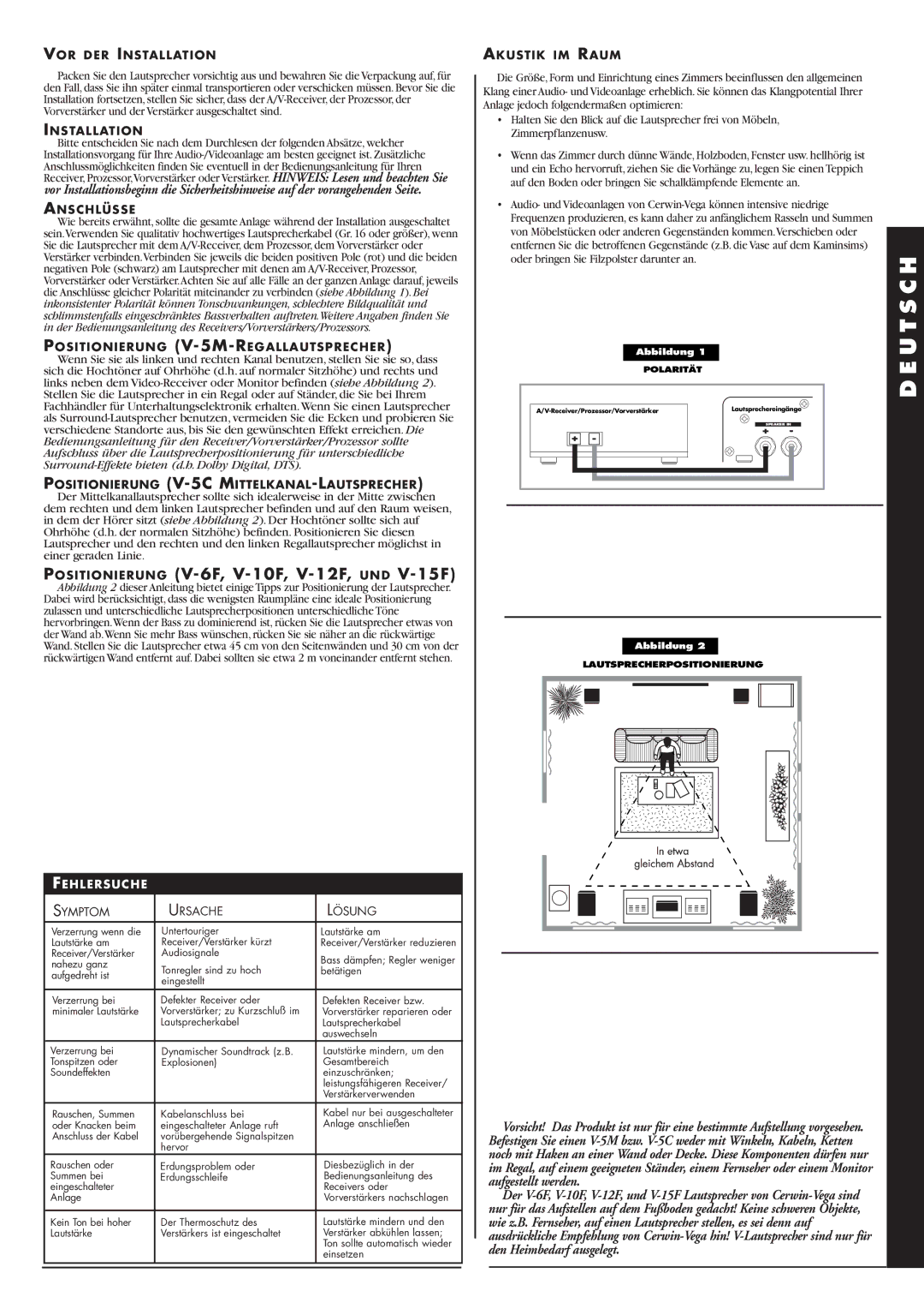 Cerwin-Vega V - 1 2 F, V - 6 F, V - 5 M, V - 1 5 F, V - 5 C, V - 1 0 F manual U T S C H, Fehlersuche 