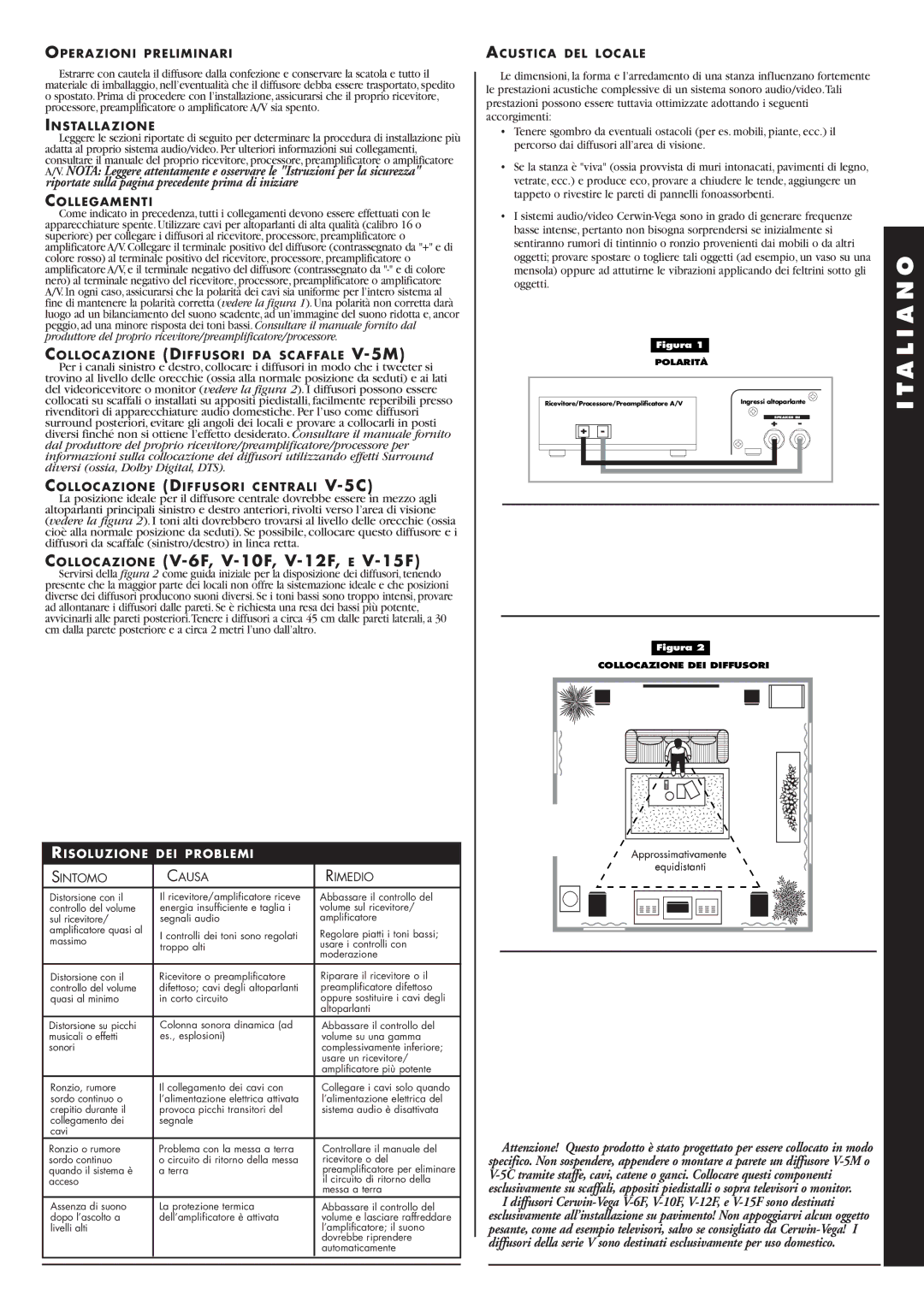 Cerwin-Vega V - 1 5 F, V - 6 F, V - 1 2 F, V - 5 M, V - 5 C, V - 1 0 F manual A L I a N O, Risoluzione DEI Problemi 