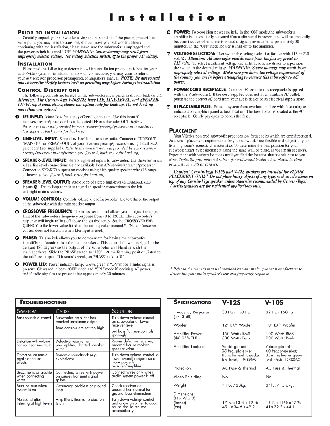 Cerwin-Vega V-10S, V-12S manual Prior to Installation, Nstallation, Control Descriptions 