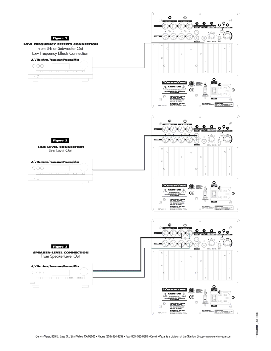 Cerwin-Vega V-12S, V-10S manual From LFE or Subwoofer Out Low Frequency Effects Connection 