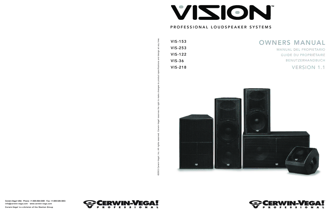 Cerwin-Vega VIS-153, VIS-218, VIS-253, VIS-122 owner manual Version, O F E S S I O N a L L O U D S P E a K E R S Y S T E M S 