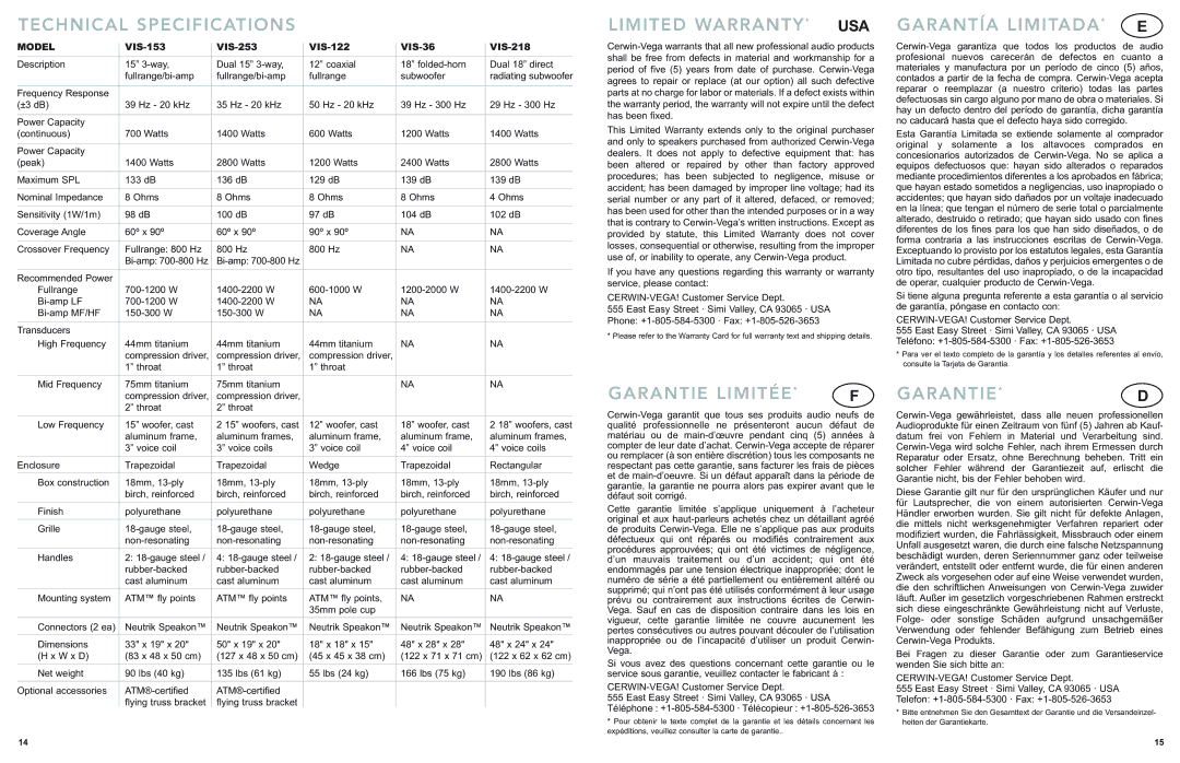 Cerwin-Vega VIS-122 Technical Specifications, Limited WARRANTY* USA, Garantía LIMITADA* E, Garantie Limitée, Garantie*D 