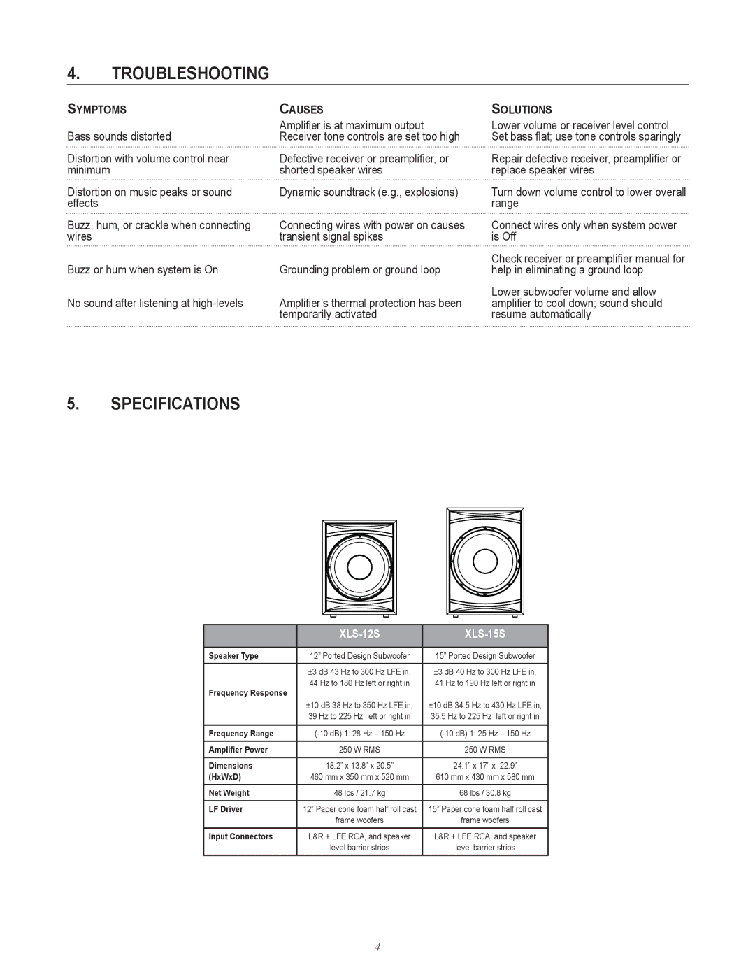 Cerwin-Vega XLS-12S, XLS-15S user manual Troubleshooting, Specifications, Symptoms Causes Solutions 