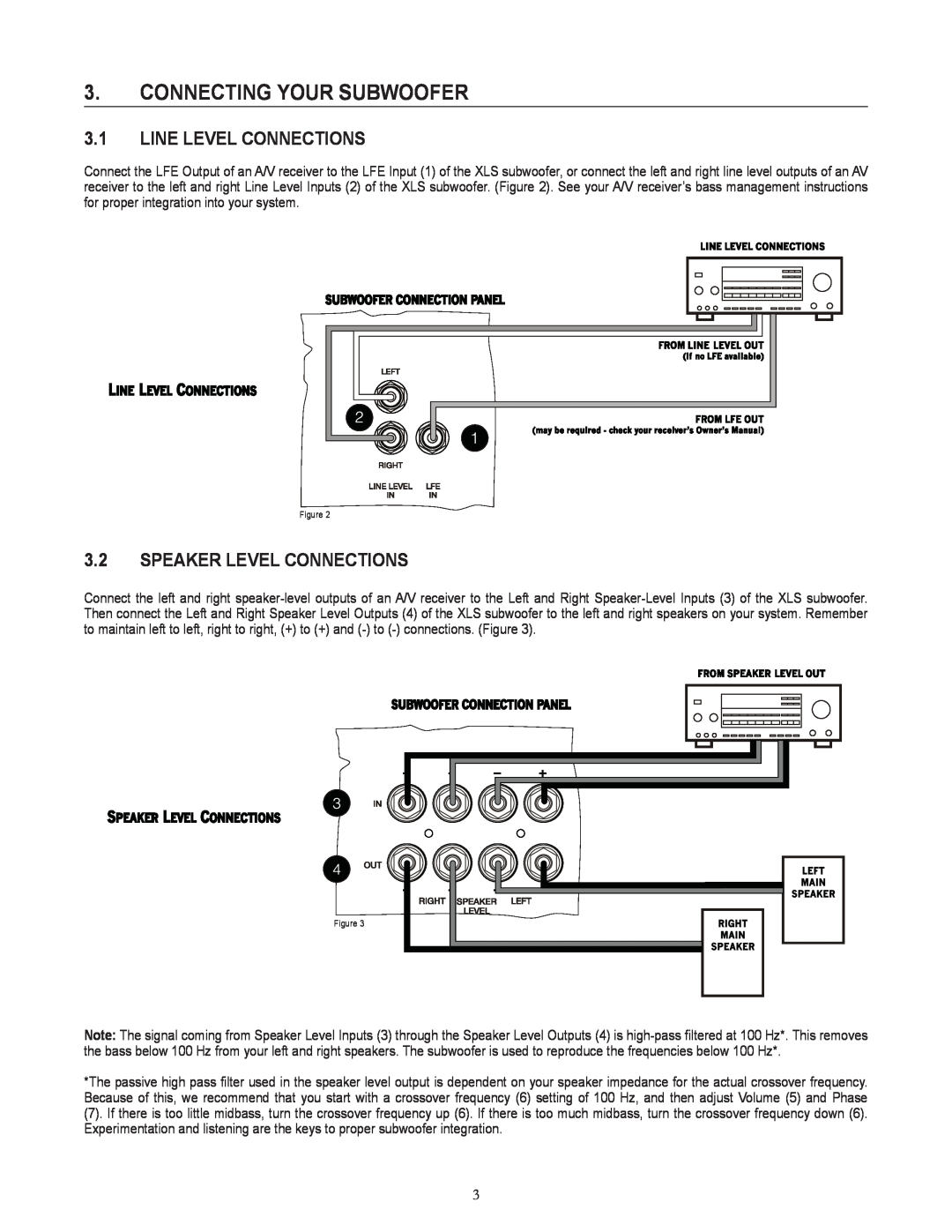 Cerwin-Vega XLS-15S, XLS-12S user manual Connecting Your Subwoofer, 3.1LINE LEVEL CONNECTIONS, 3.2SPEAKER LEVEL CONNECTIONS 