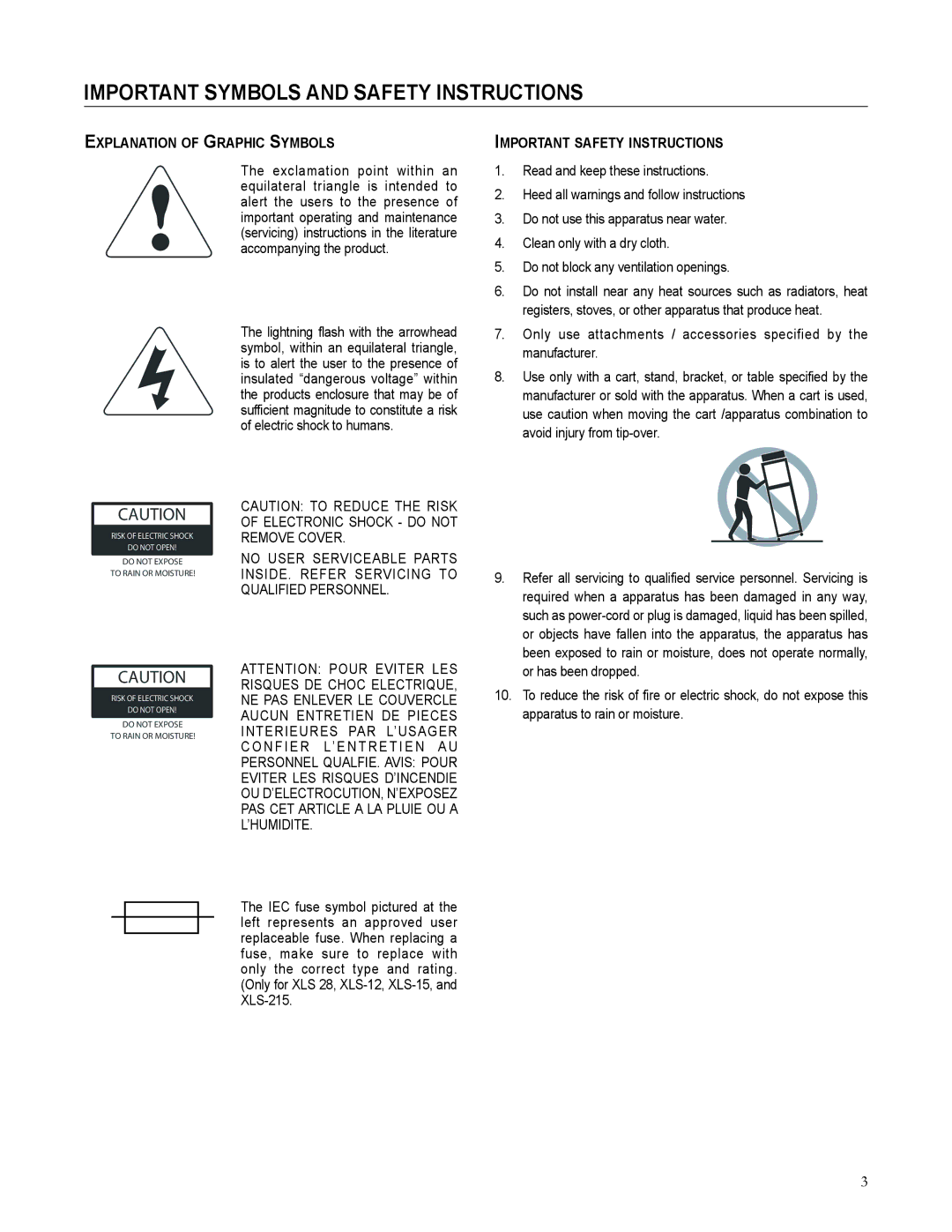 Cerwin-Vega XLS Important symbols and safety instructions, Explanation of Graphic Symbols Important safety instructions 