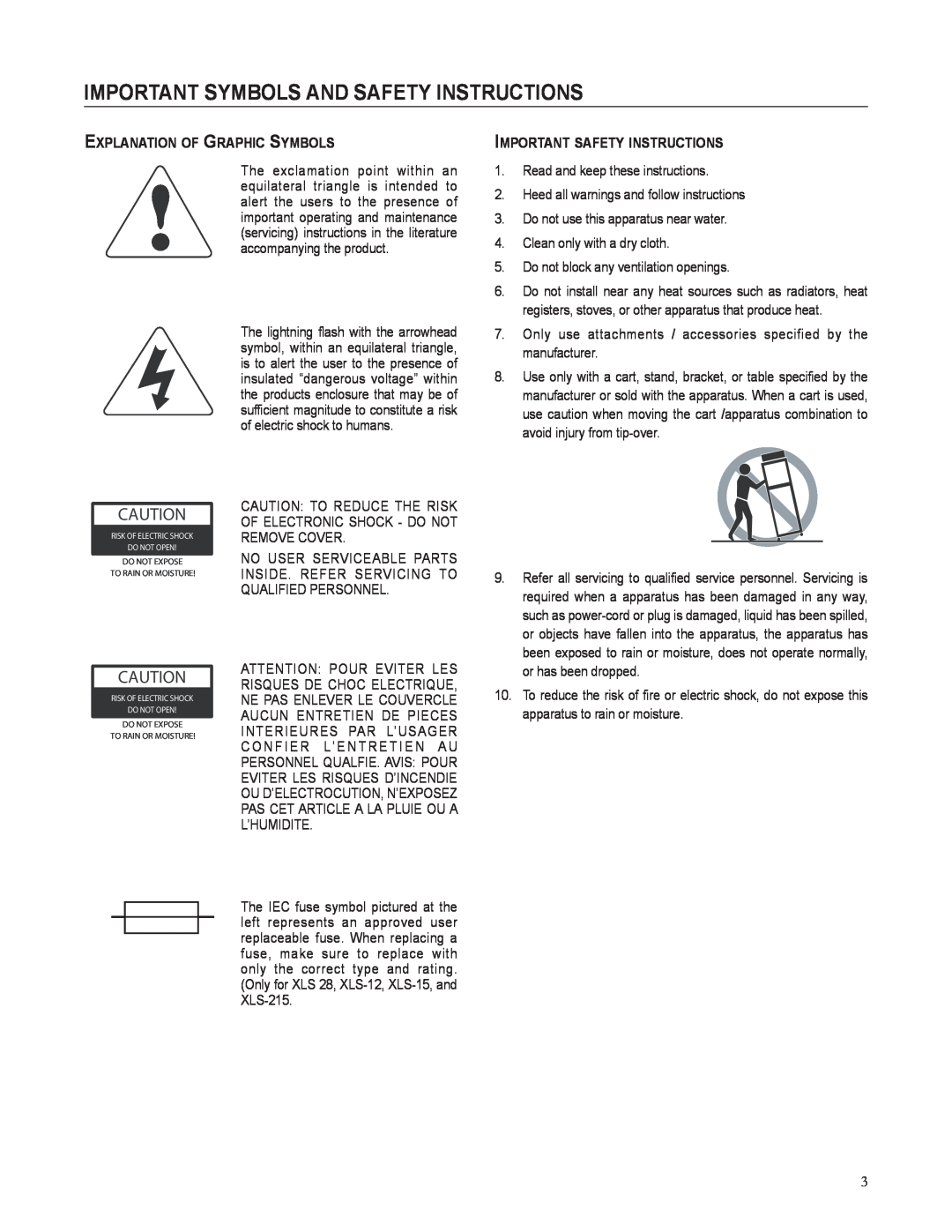 Cerwin-Vega XLS important symbols and safety instructions, Explanation of Graphic Symbols, Important safety instructions 