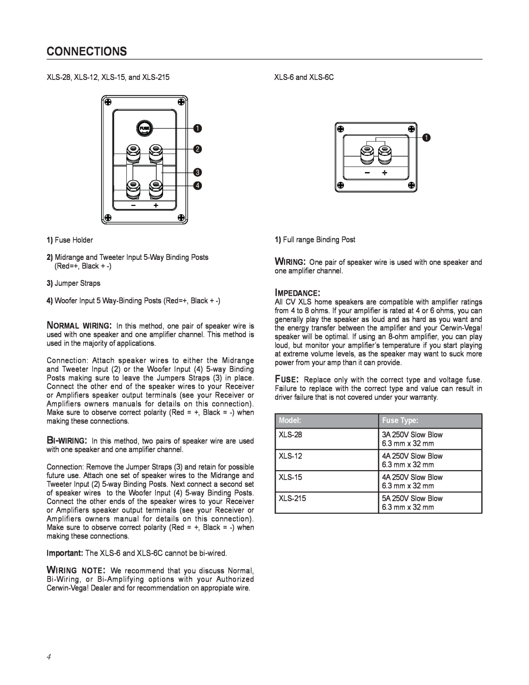 Cerwin-Vega user manual connections, Important The XLS-6and XLS-6Ccannot be bi-wired, Model, Fuse Type 