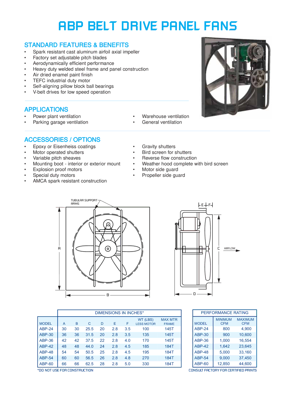 CFM ABP-30, ABP-0905, ABP-48, ABP-36, ABP-54, ABP-42, ABP-24 Standard Features & Benefits, Applications, Accessories / Options 