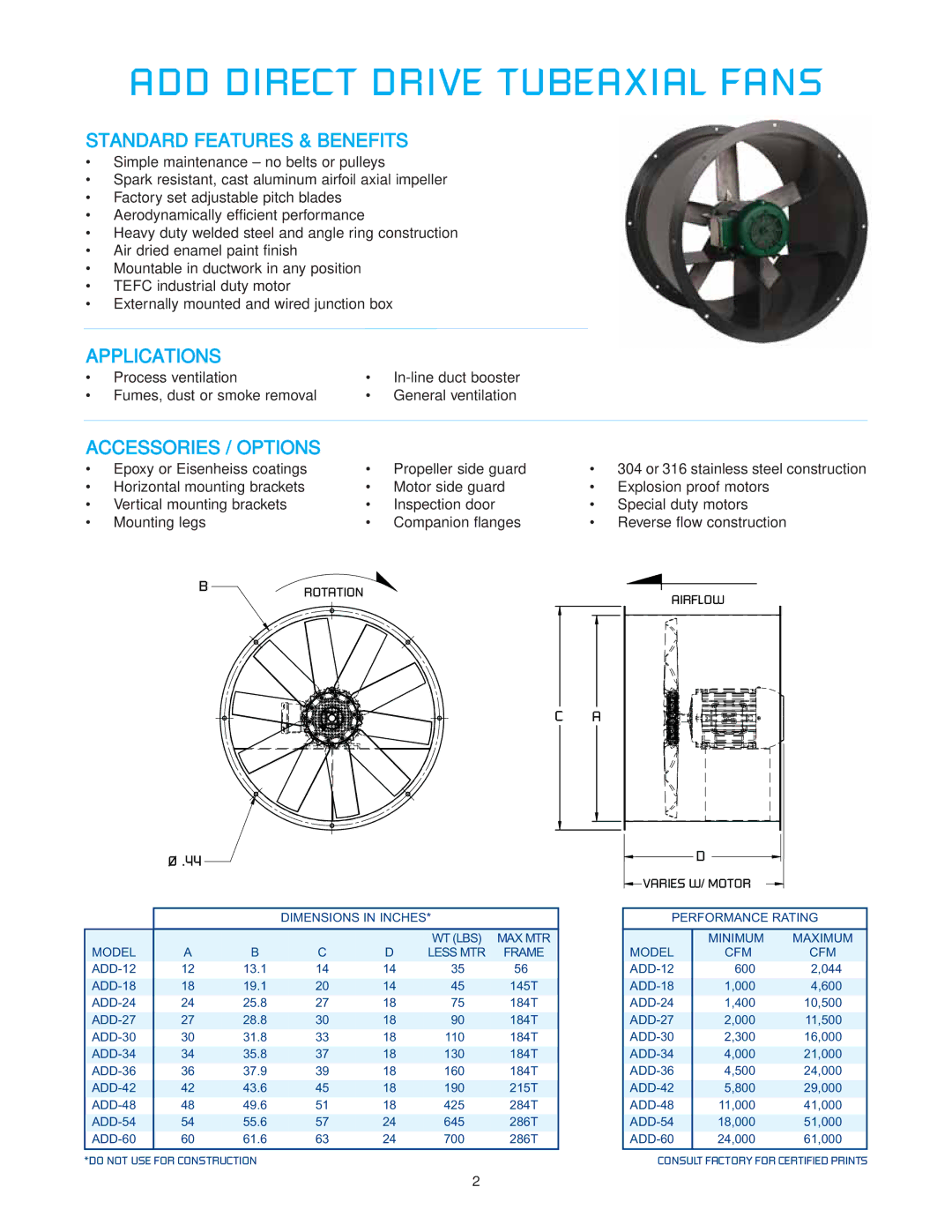 CFM ADD-48, ADD-30 manual ADD Direct Drive Tubeaxial Fans, Standard Features & Benefits, Applications, Accessories / Options 