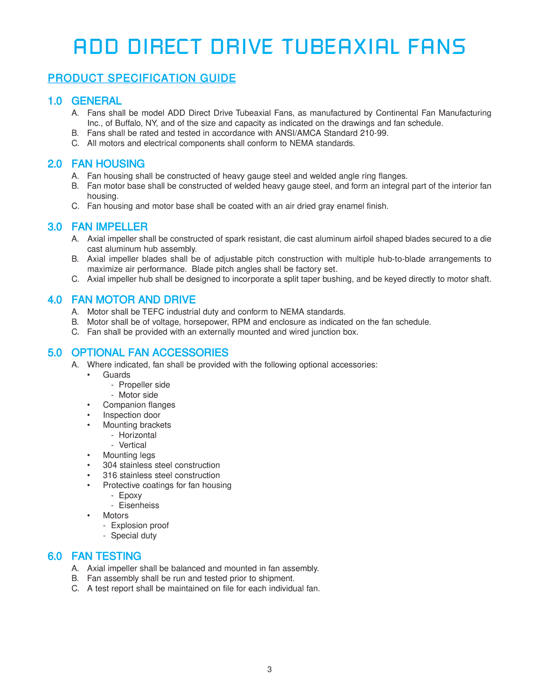 CFM ADD-12 Product Specification Guide General, FAN Housing, FAN Impeller, FAN Motor and Drive, Optional FAN Accessories 