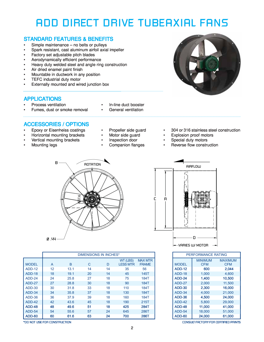 CFM ADD-48, ADD-30 manual Add Direct Drive Tubeaxial Fans, Standard Features & Benefits, Applications, Accessories / Options 