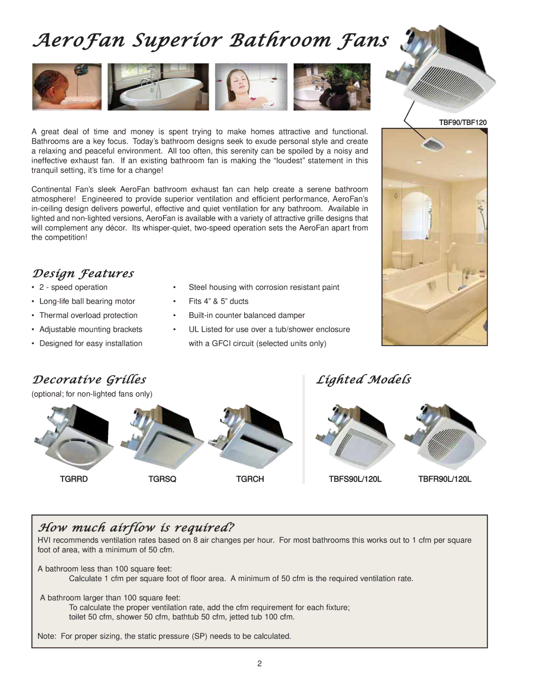 CFM AeroFan manual Design Features, Decorative Grilles, Lighted Models, How much airflow is required? 