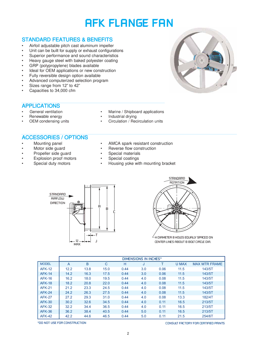 CFM AFK-36, AFK-30, AFK-42, AFK-27, AFK-24 AFK Flange FAN, Standard Features & Benefits, Applications, Accessories / Options 