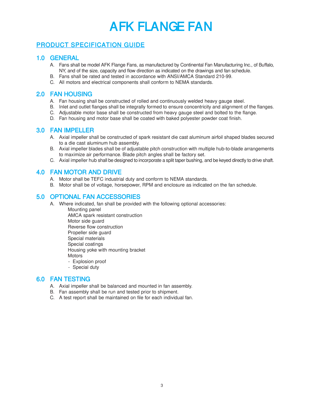 CFM AFK-27 Product Specification Guide General, FAN Housing, FAN Impeller, FAN Motor and Drive, Optional FAN Accessories 