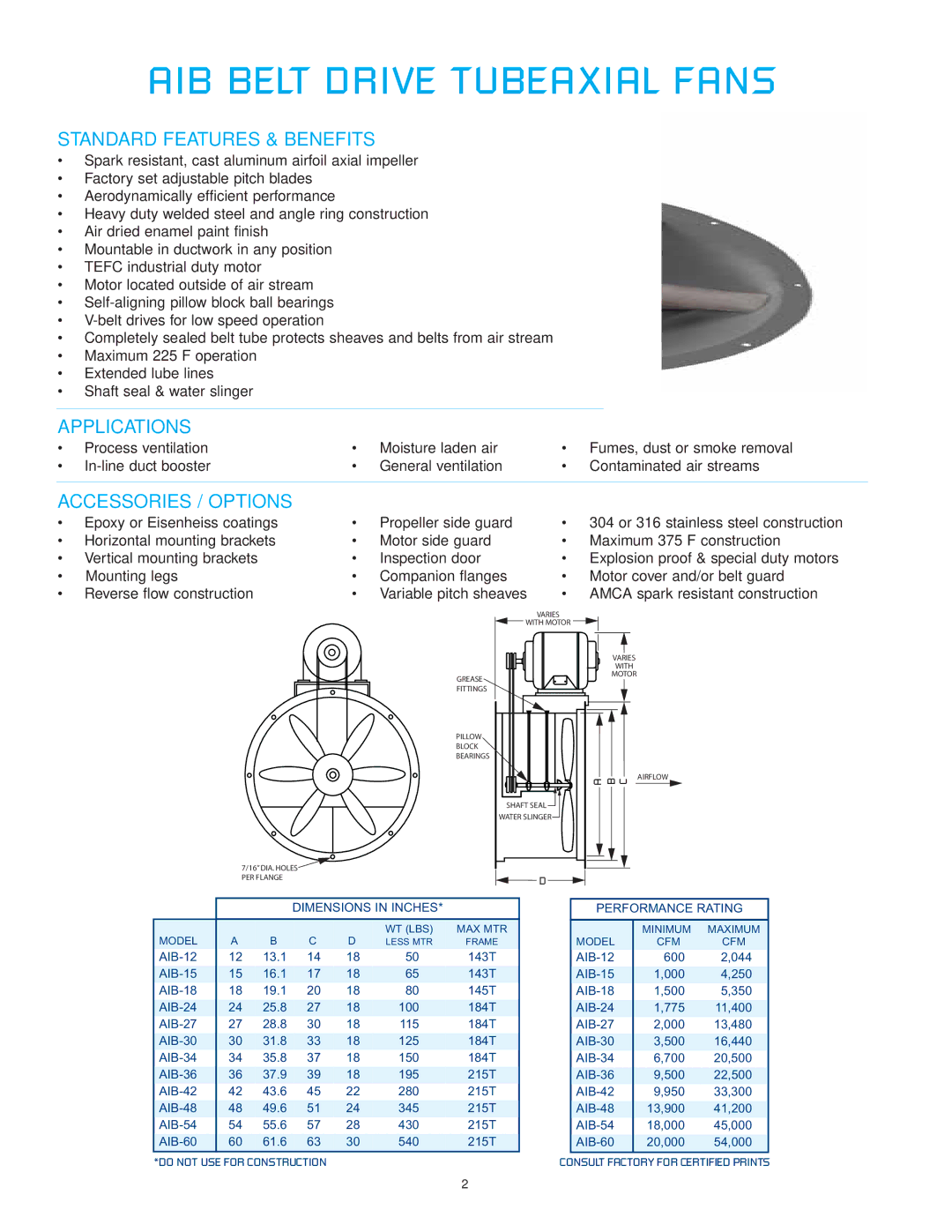 CFM AIB-36, AIB-12, AIB-18 AIB Belt Drive Tubeaxial Fans, Standard Features & Benefits, Applications, Accessories / Options 