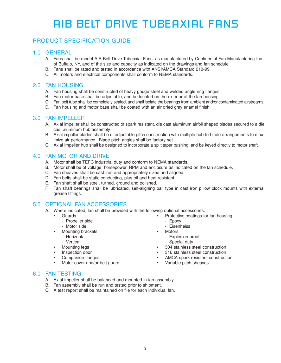 CFM AIB-24 Product Specification Guide General, FAN Housing, FAN Impeller, FAN Motor and Drive, Optional FAN Accessories 