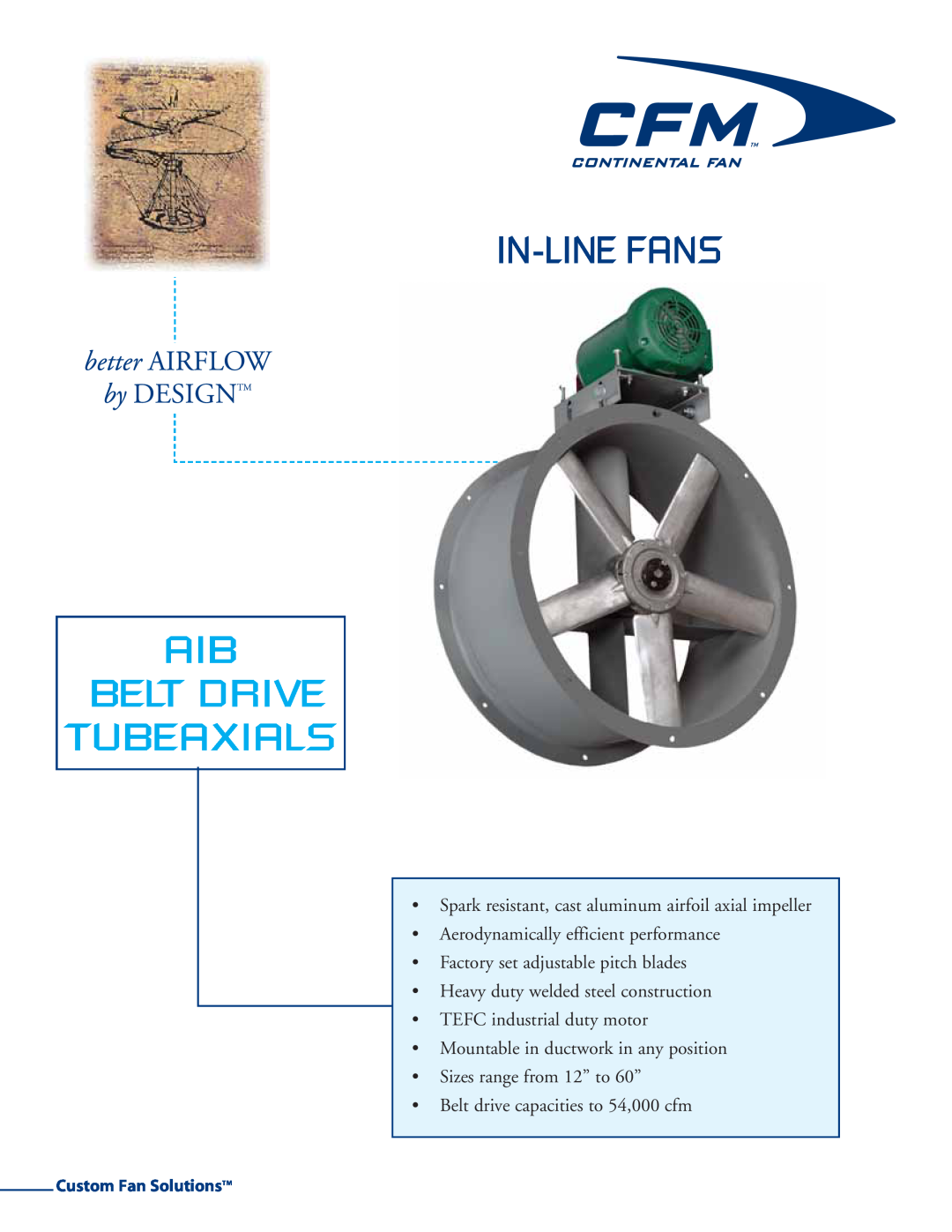 CFM AIB-18, AIB-12 manual Aib Belt Drive Tubeaxials, In-Line Fans, Spark resistant, cast aluminum airfoil axial impeller 