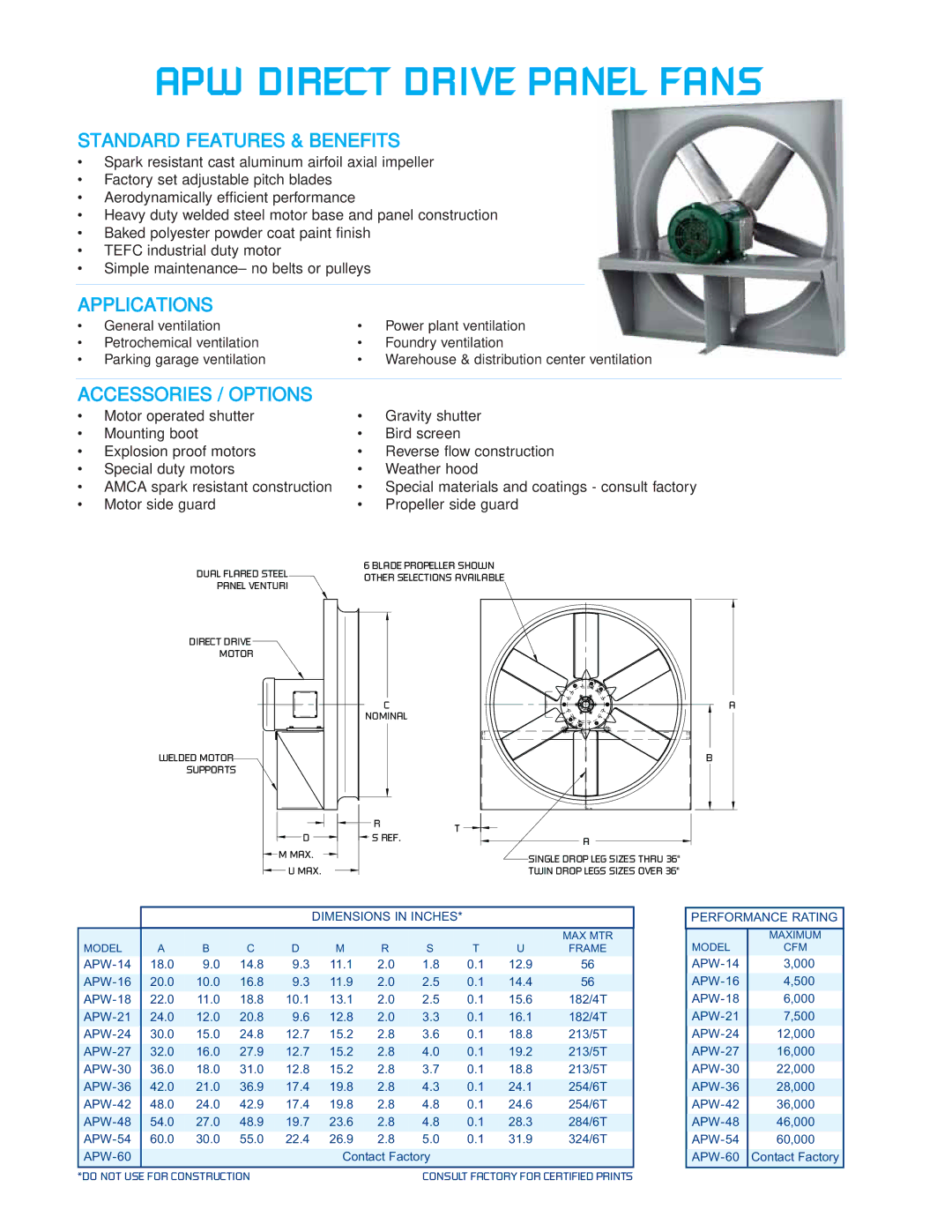 CFM APW-54, APW-60, APW-21, APW-14, APW-36, APW-27, APW-24 Standard Features & Benefits, Applications, Accessories / Options 