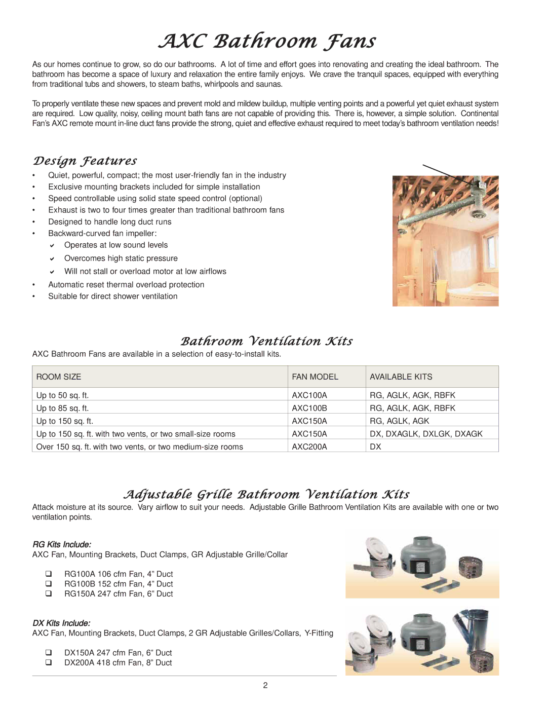 CFM AXC100B manual Design Features, Adjustable Grille Bathroom Ventilation Kits, RG Kits Include, DX Kits Include 