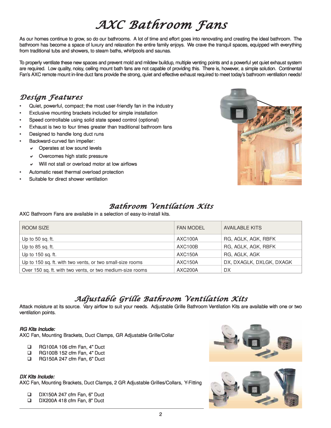 CFM AXC100B manual AXC Bathroom Fans, Design Features, Adjustable Grille Bathroom Ventilation Kits, RG Kits Include 