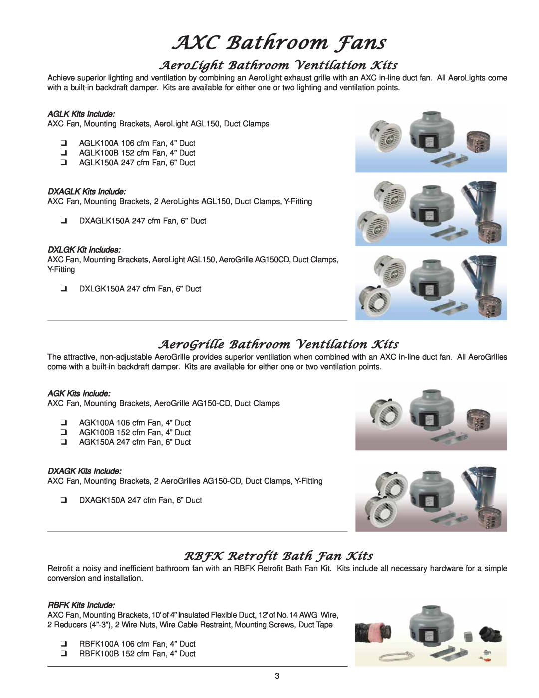 CFM AXC100B manual AeroLight Bathroom Ventilation Kits, AeroGrille Bathroom Ventilation Kits, RBFK Retrofit Bath Fan Kits 