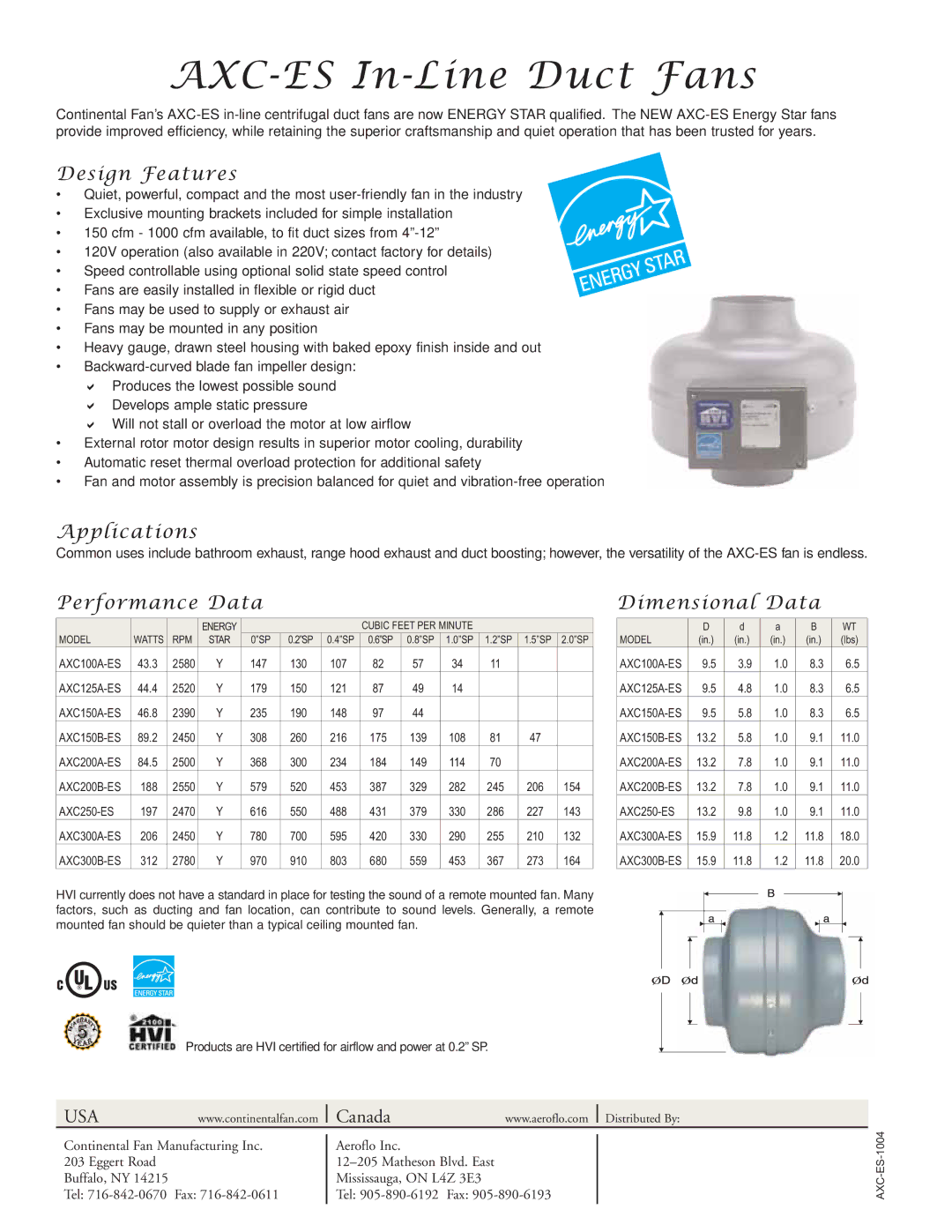 CFM AXC300B-ES, AXC250-ES, AXC200B-ES, AXC125A-ES, AXC300A-ES, AXC100A-ES, AXC150A-ES AXC-ES In-Line Duct Fans, Usa, Canada 