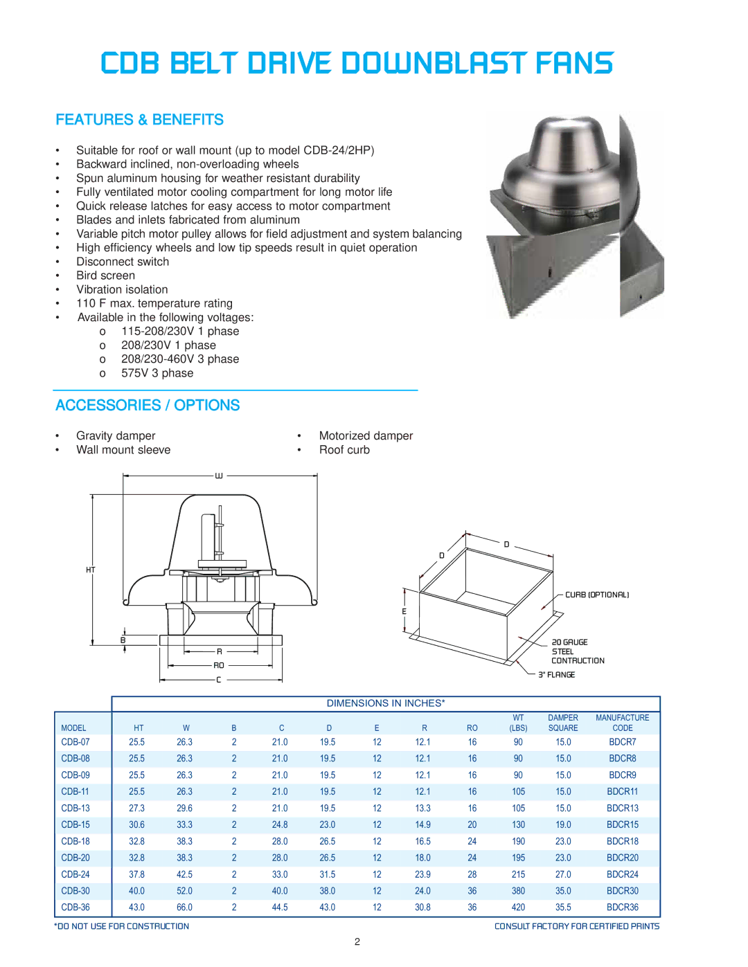 CFM CDD-25, CDD-12, CDB-36 CDB Belt Drive Downblast Fans, Gravity damper, Wall mount sleeve Roof curb, Dimensions in Inches 