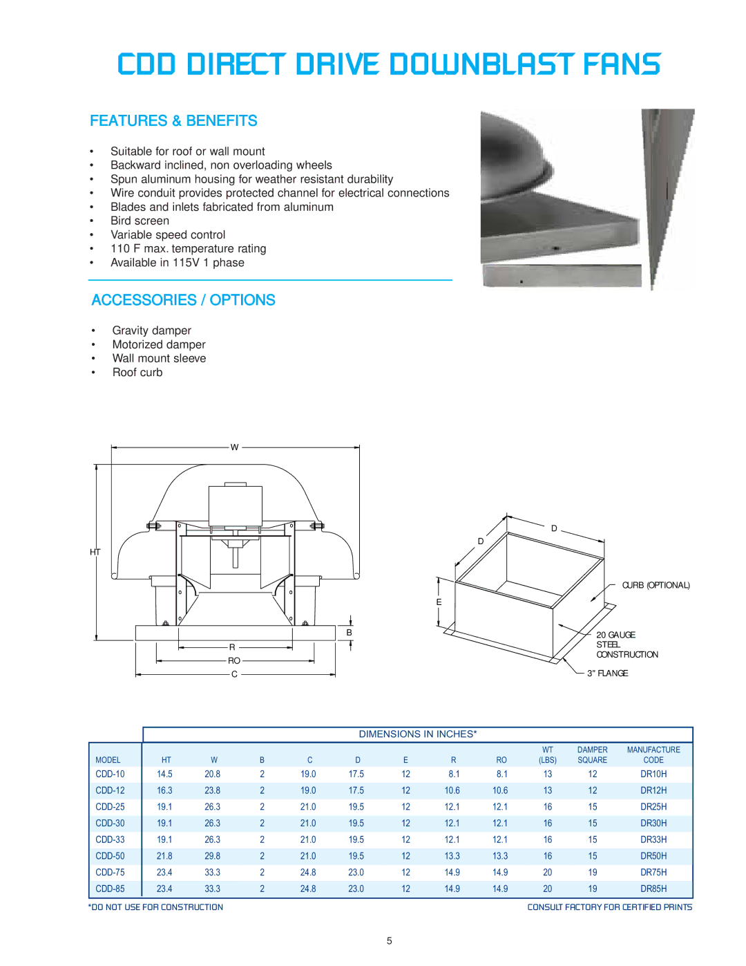 CFM CDB-09, CDD-12, CDB-36 CDD Direct Drive Downblast Fans, Gravity damper Motorized damper Wall mount sleeve Roof curb 