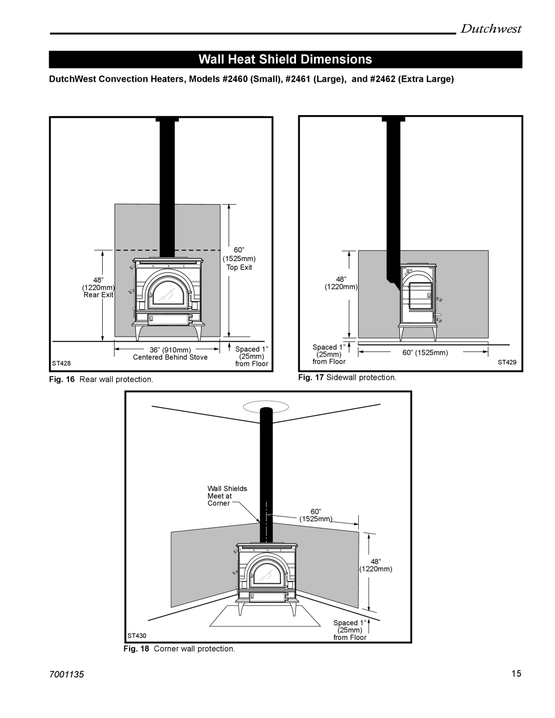 CFM Corporation 2462, 2460, 2461 manual Wall Heat Shield Dimensions 