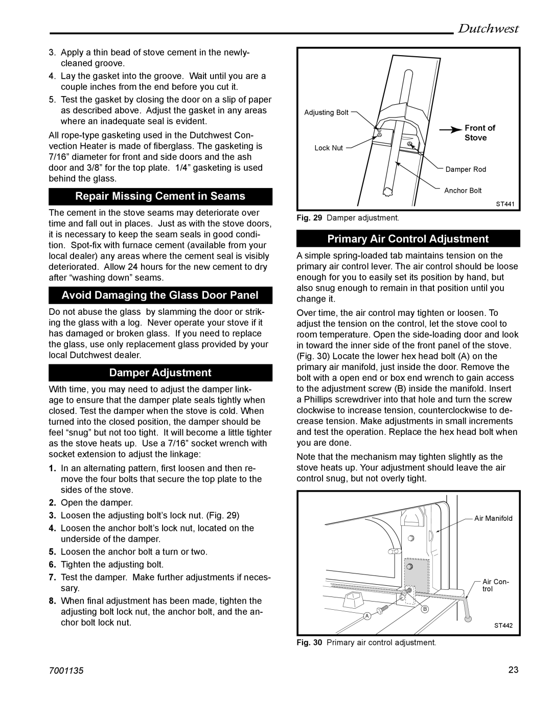 CFM Corporation 2461 Repair Missing Cement in Seams, Avoid Damaging the Glass Door Panel, Damper Adjustment, Front Stove 