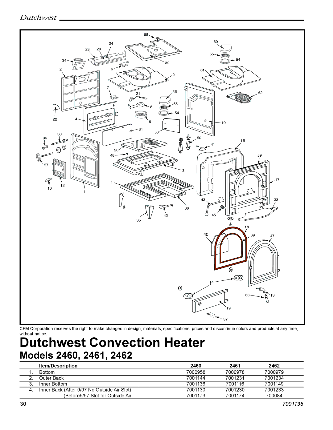 CFM Corporation 2462, 2460, 2461 manual Dutchwest Convection Heater, Item/Description 