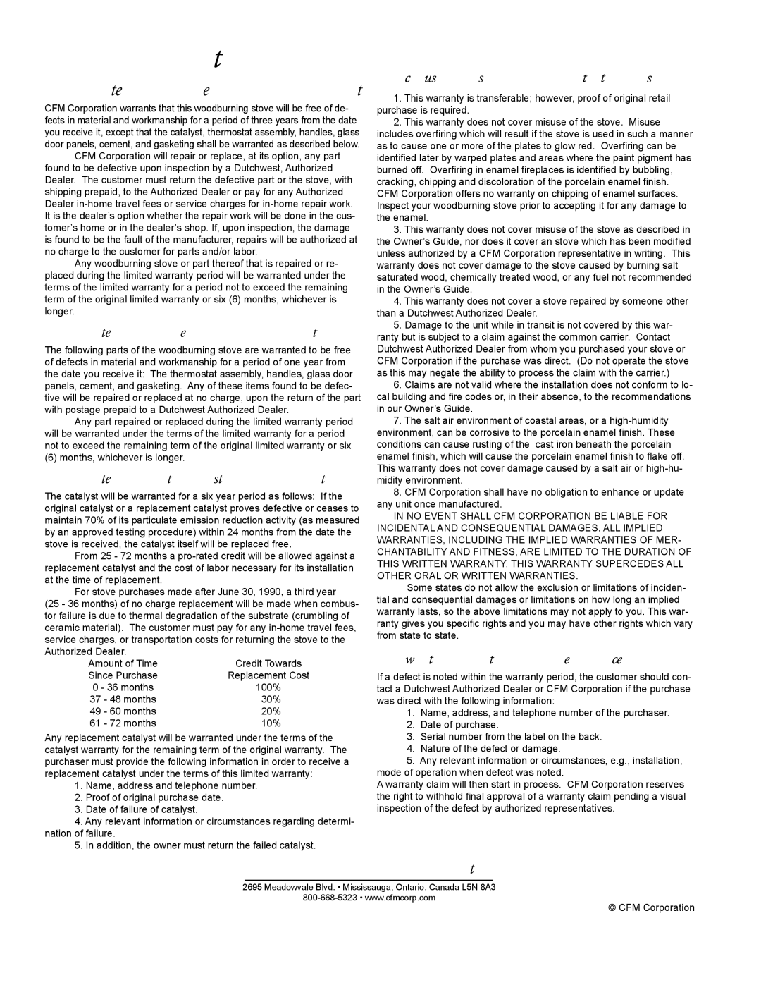 CFM Corporation 2461, 2462, 2460 manual Warranty 