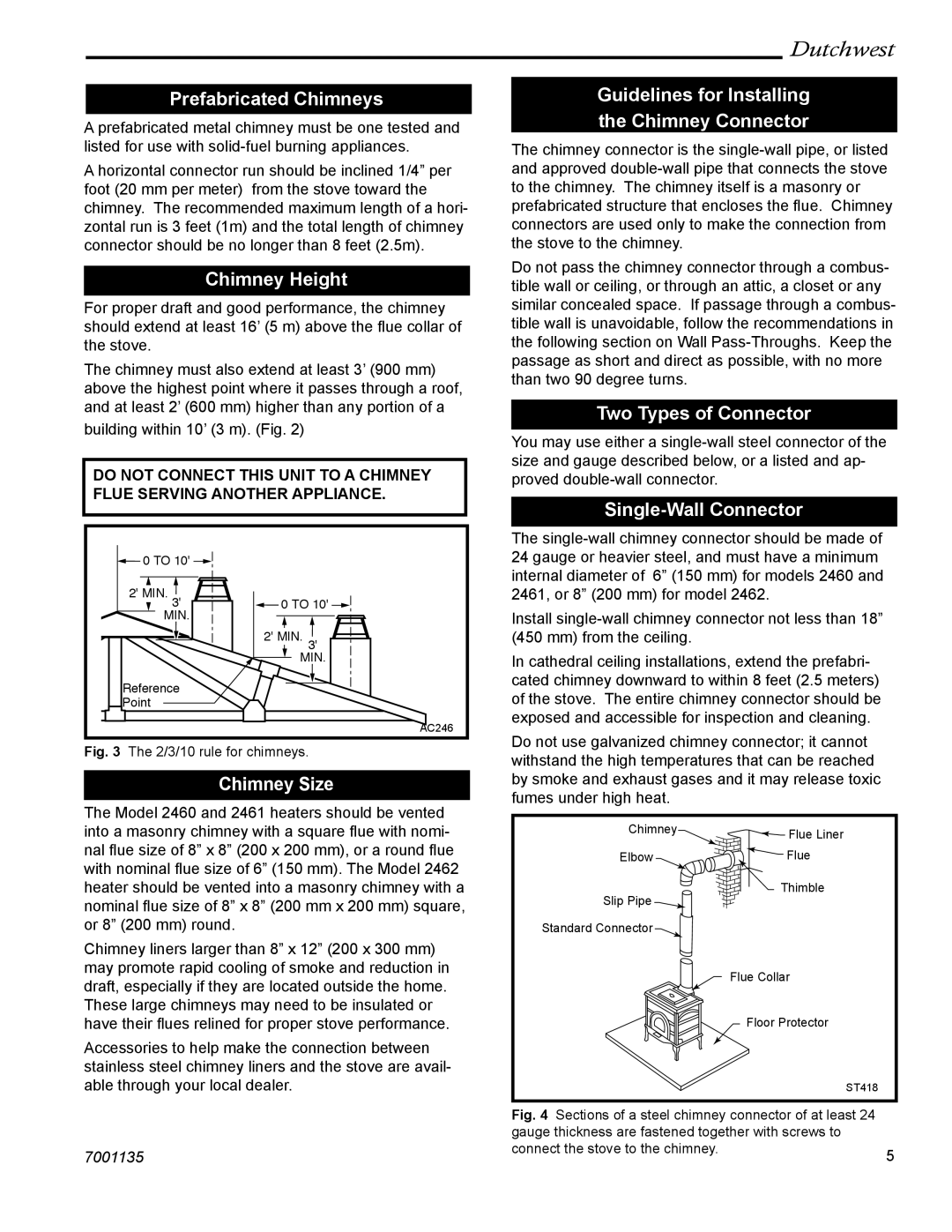 CFM Corporation 2461 Prefabricated Chimneys, Chimney Height, Chimney Size, Guidelines for Installing the Chimney Connector 