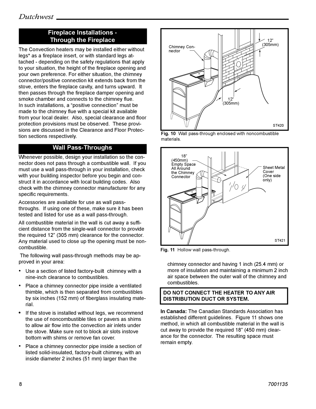 CFM Corporation 2461, 2462, 2460 manual Fireplace Installations Through the Fireplace, Wall Pass-Throughs 