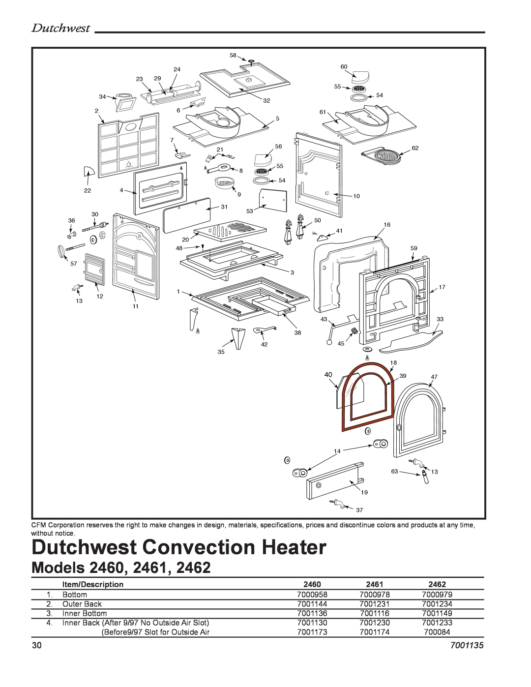 CFM Corporation 2462, 2460, 2461 manual Dutchwest Convection Heater, Models, 7001135, Item/Description 