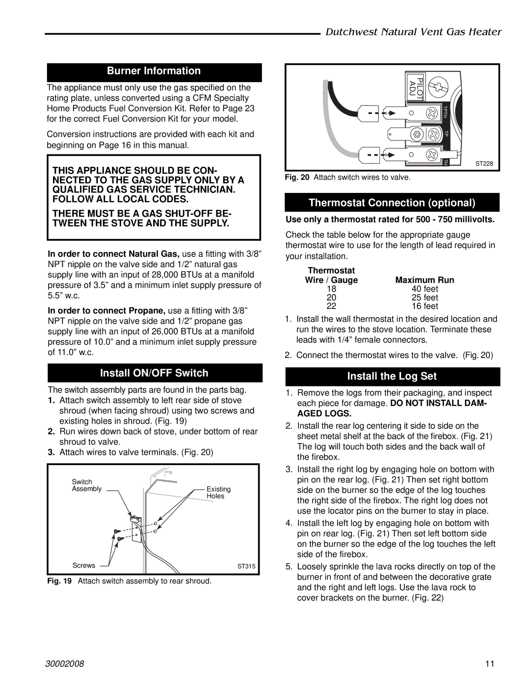 CFM Corporation 2467, 2468 Burner Information, Install ON/OFF Switch, Thermostat Connection optional, Install the Log Set 