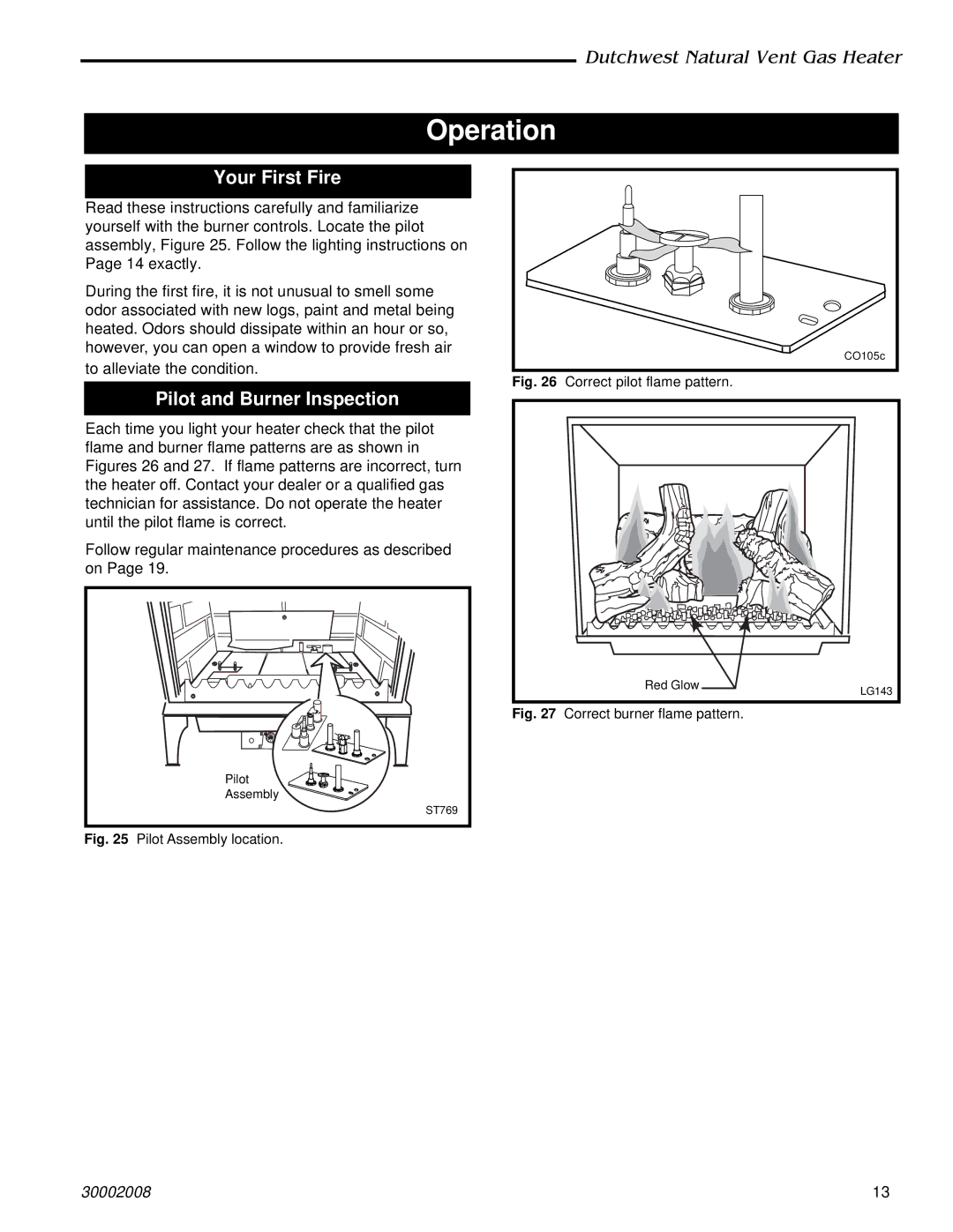 CFM Corporation 2467, 2468 manual Operation, Your First Fire, Pilot and Burner Inspection 