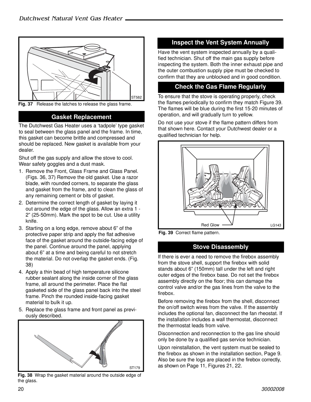 CFM Corporation 2467, 2468 manual Gasket Replacement, Inspect the Vent System Annually, Check the Gas Flame Regularly 