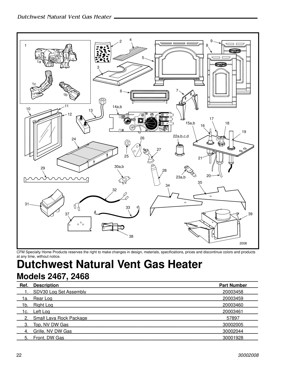 CFM Corporation 2467, 2468 manual Description Part Number, Tph 