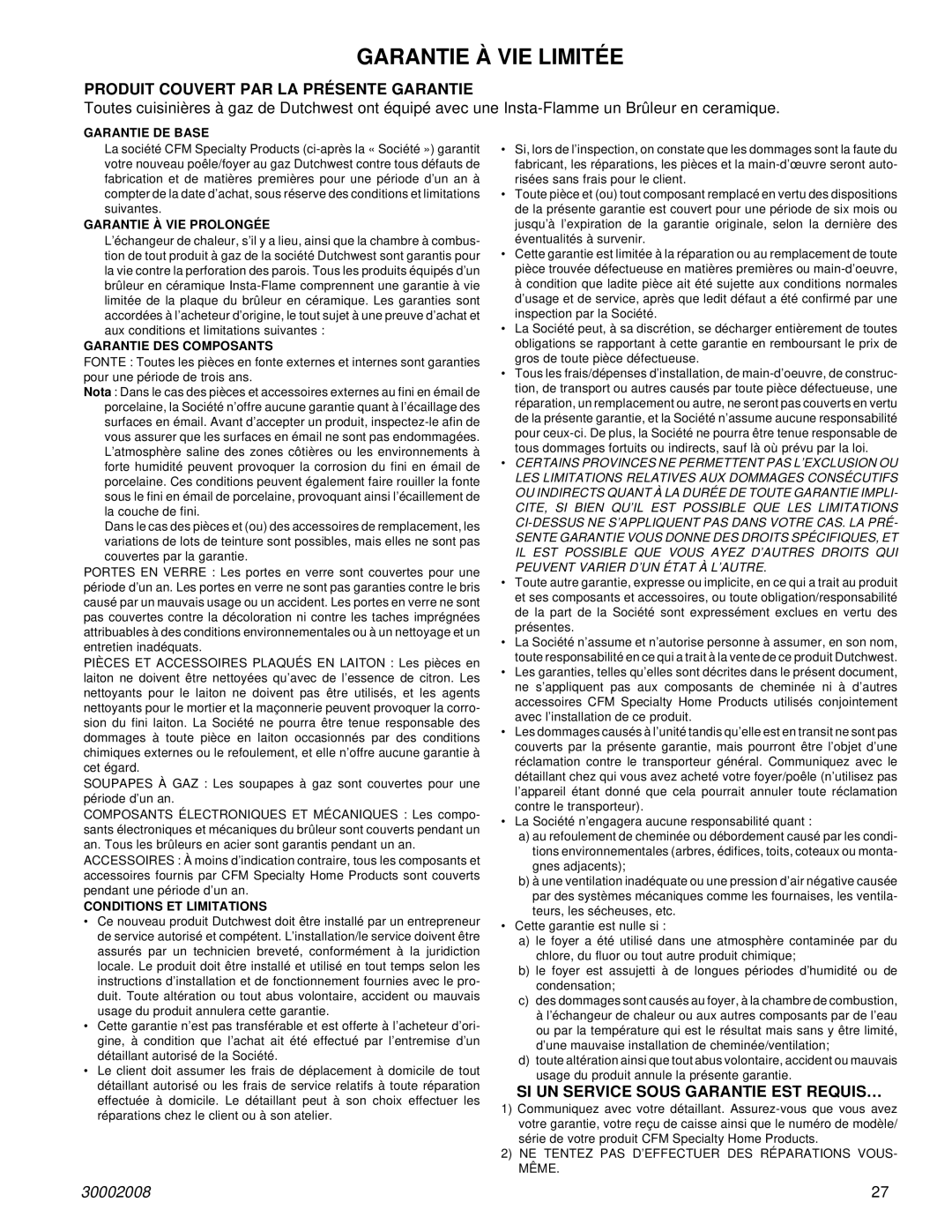 CFM Corporation 2467, 2468 manual Produit Couvert PAR LA Présente Garantie, SI UN Service Sous Garantie EST REQUIS… 